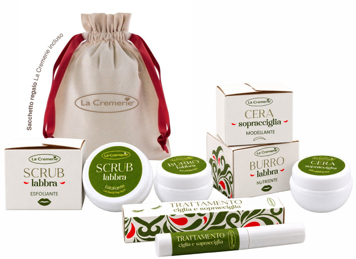 Kit regalo Coccole di Bellezza con quattro prodotti per labbra, ciglia e sopracciglia e sacchetto LaCremerie