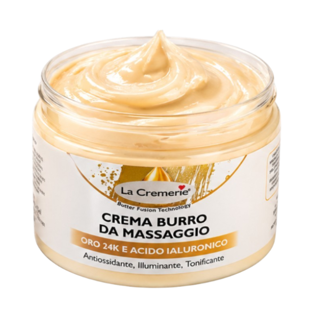 Crema burro da massaggio antiossidante, illuminante, tonificante oro 24k e acido ialuronico 500ml