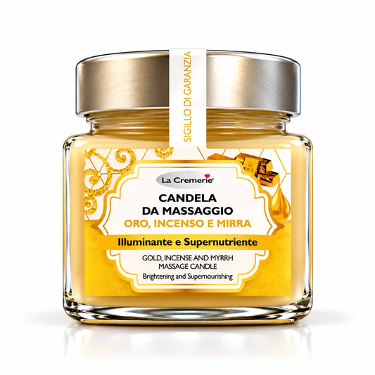 Candela da massaggio corpo Oro, Incenso & Mirra illuminante nutriente effetto glow | 200 ml
