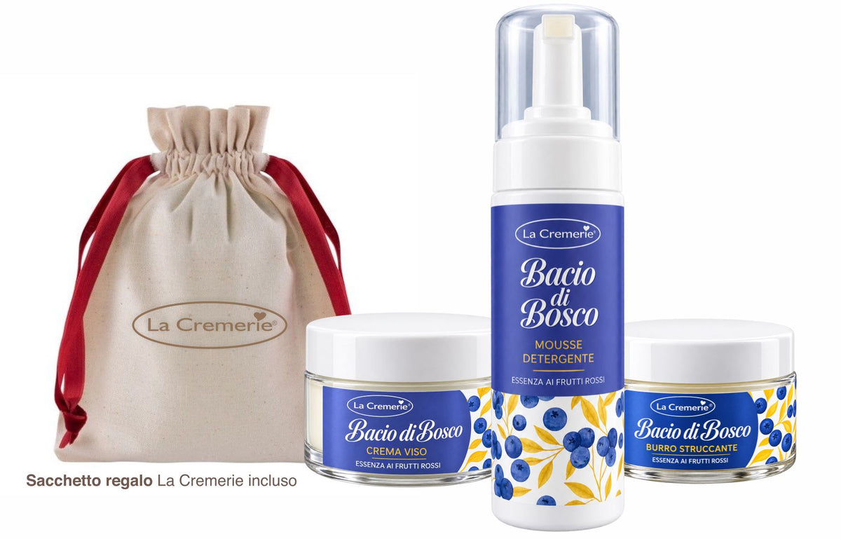 Kit regalo Bacio di Bosco LaCremerie con mousse detergente, crema viso, burro struccante e sacchetto regalo incluso
