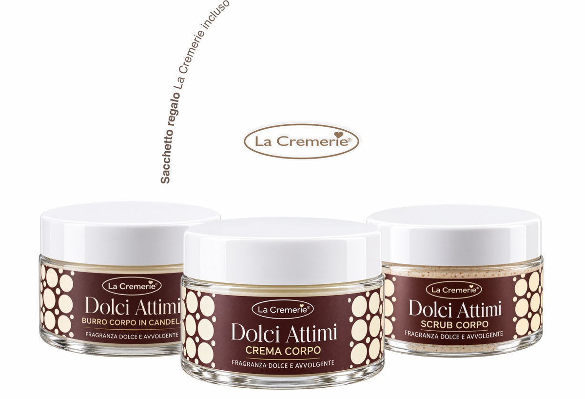 Kit regalo Dolci Attimi con scrub corpo, crema corpo, burro corpo in candela e sacchetto LaCremerie
