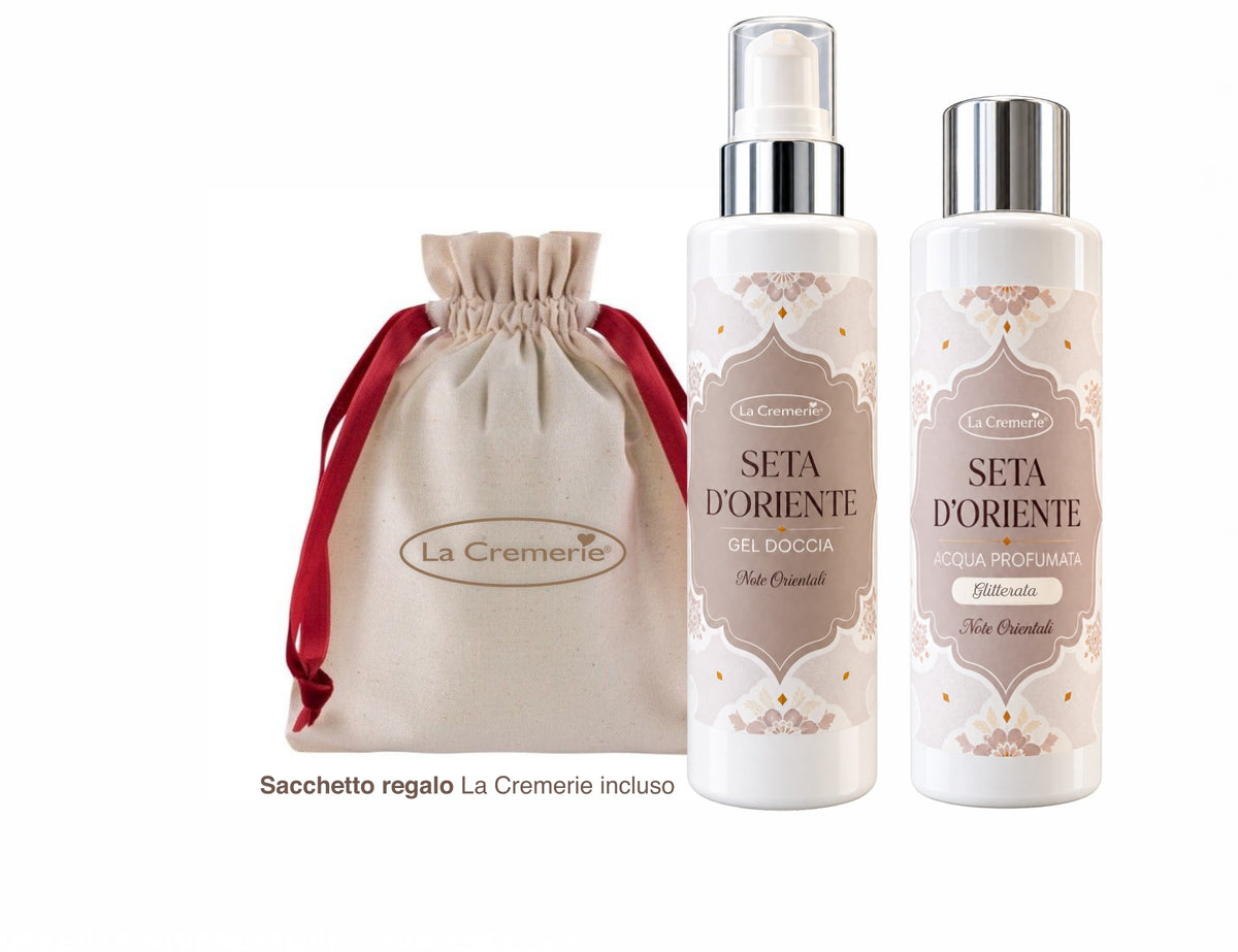 Kit regalo Seta d'Oriente con gel doccia 200 ml, acqua profumata glitterata 200 ml e sacchetto LaCremerie