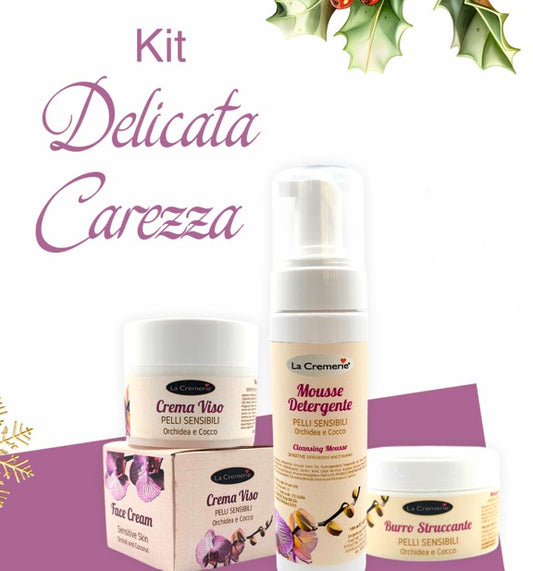 kit delicata carezza - 12 pz  Burro struccante orchidea e cocco 100ml + 12 pz Mousse detergente 100ml + Crema viso orchidea e cocco 50ml