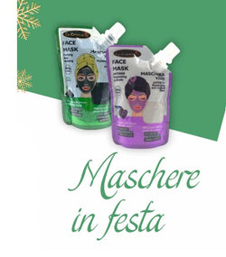 kit Maschere in festa 24 pezzi - 12 pz di Maschera viso antietà Illuminante yoghurt, Mirtillo e prebiotici + 12 pz di Maschera viso purificante al carbone attivo