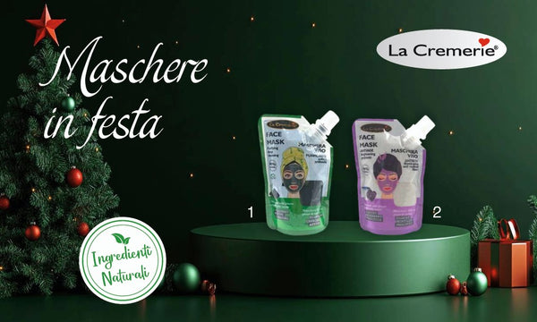 kit Maschere in festa 12 pezzi - 6 pz di Maschera viso antietà Illuminante yoghurt, Mirtillo e prebiotici + 6 pz di Maschera viso purificante al carbone attivo