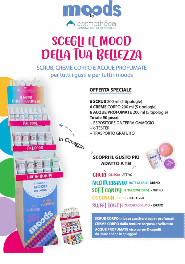 Offerta Moods Primavera estate 2025 - Kit 90 pz assortiti viso & corpo linea Moods by Cosmetheca tester,espositore e spedizione omaggio
