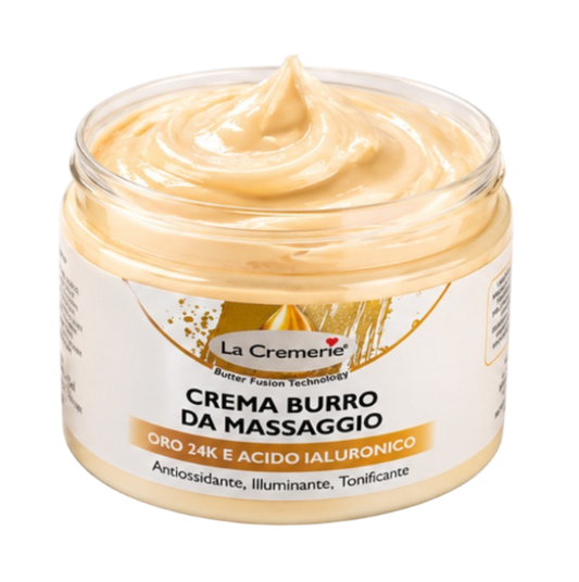 Crema burro da massaggio antiossidante, illuminante, tonificante oro 24k e acido ialuronico 500ml
